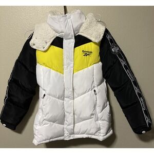 Woman's Puffer Jacket Vintage Reebok 1895‎ Size M Sherpa Hood J102